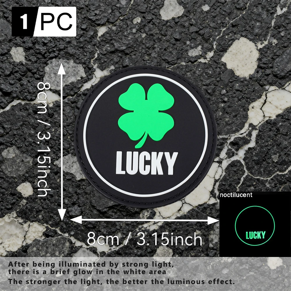 Round four-leaf clover LUCKY letter luminous decorative armband made of PVC material, comes with matching hook-and-loop accessories, storage pouch, and decorative patch stickers