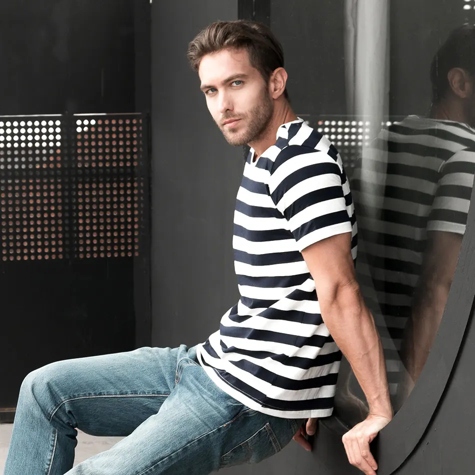 Zecmos Navy Striped Sailor T-Shirt Men Summer Black And White Striped Loose T Shirt Men Horizontal Sea Style