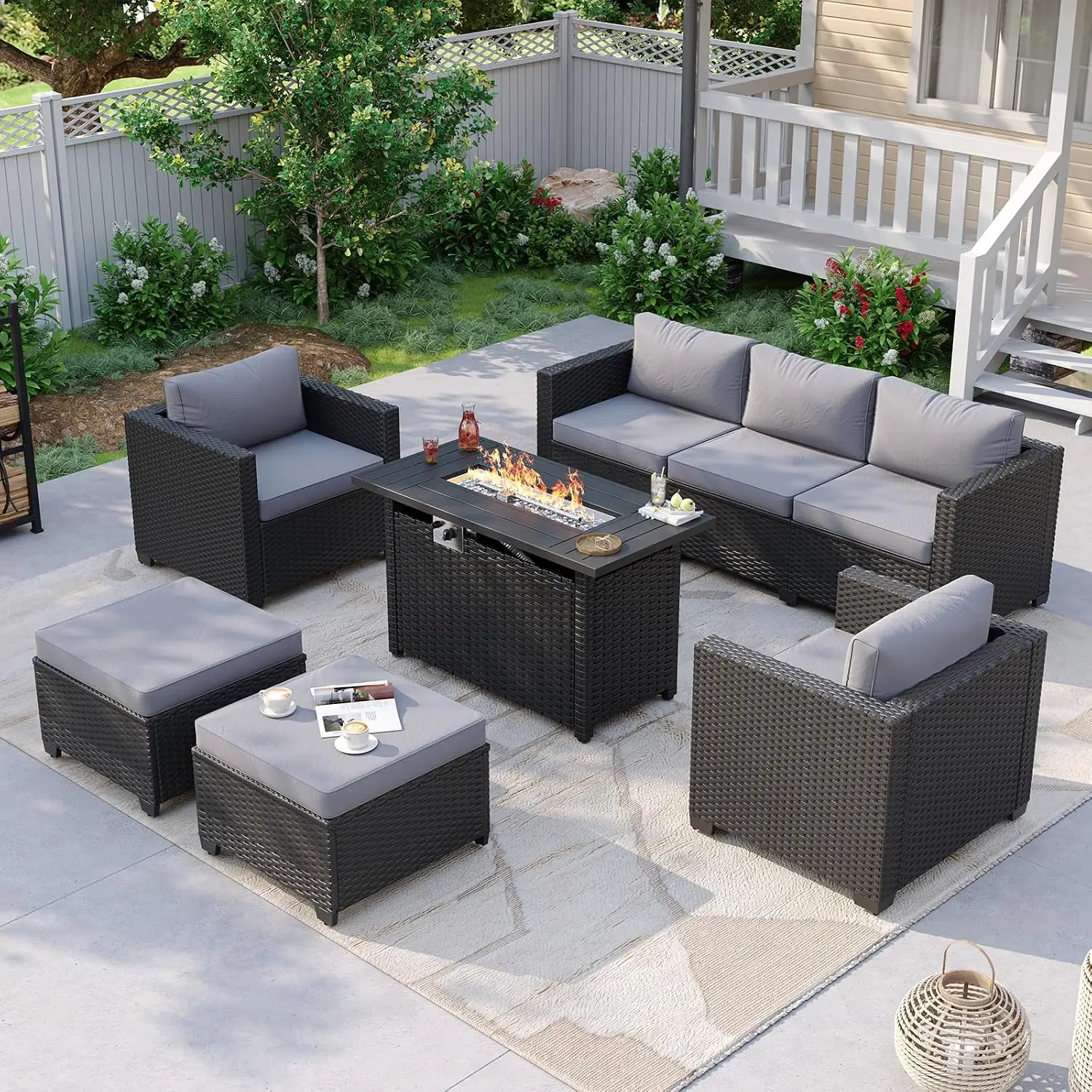 Patio Furniture Set Fire Pit 6 Piece Wicker Ottoman Rattan Sectional Sofa Cushion Waterproof Cover, Customized
