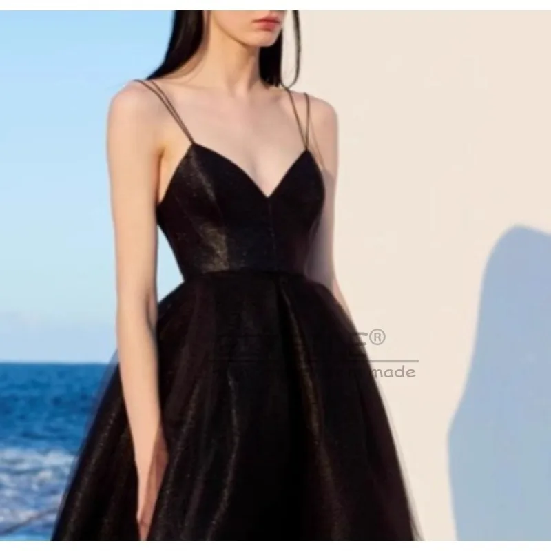 GIYSILE Customized  Black Suspender V-neck Evening Dress Fashion Female 2025 New Temperament Birthday Party Dress Zipper Back