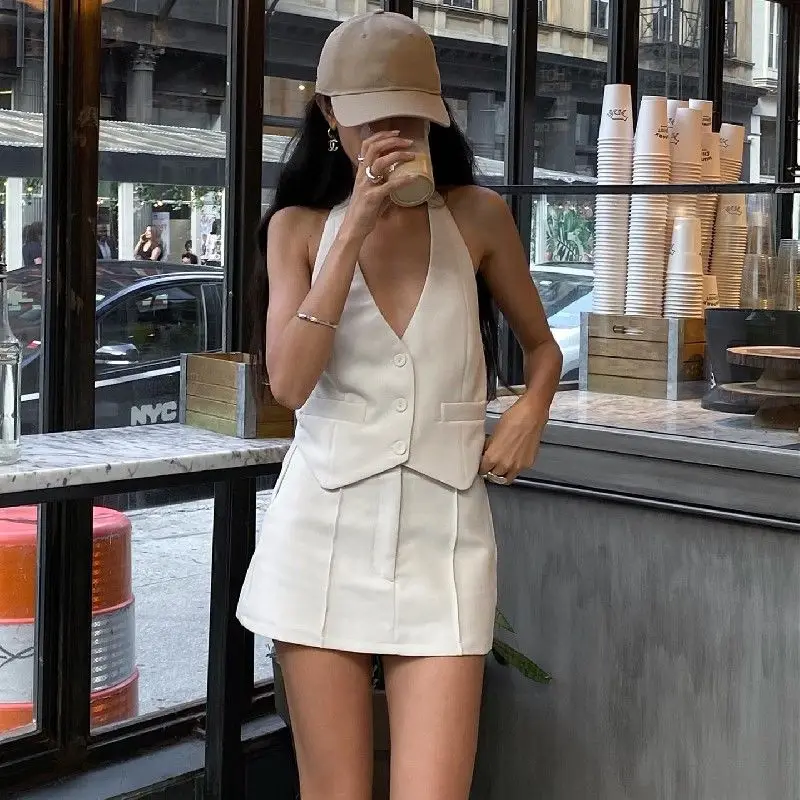 

American Fashion Casual Top Women's Summer New Sexy V-neck Cardigan Hanging Neck Vest+High Waist Short Skirt Female Clothing