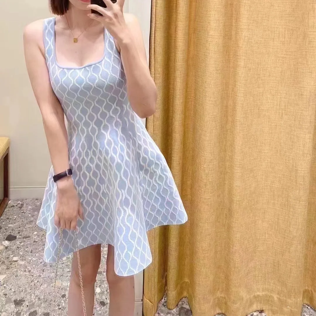 Vestido feminino sem mangas com gola quadrada, padrão geométrico, robes de estilingue, casual, primavera, verão, novo, 2022