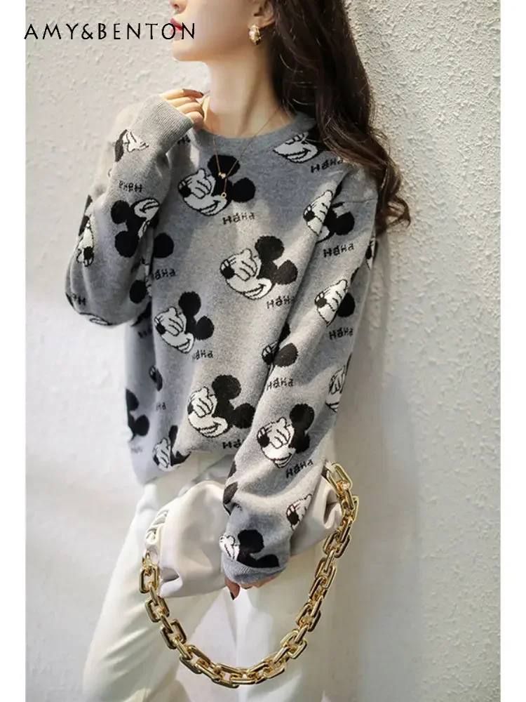 Younger Jumpers Fashion Cartoon Jacquard Sweater Women's Spring Autumn New Loose All-Match Gray Thick Knitted Sweater For Ladies