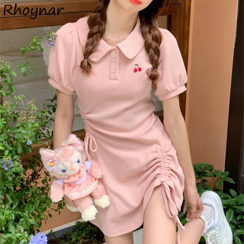 

Mini Short Sleeve Dresses Women Summer Sweet Students Shirring Slim Turn-down Collar Korean Style Girlish High Street Leisure