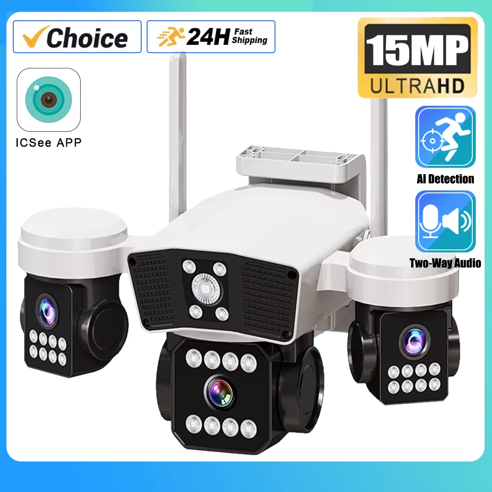 

15MP ICSee Waterproof Outdoor Three Lens PTZ Control Home WiFi Color Night Vision Wireless Security CCTV Camera Three Screens