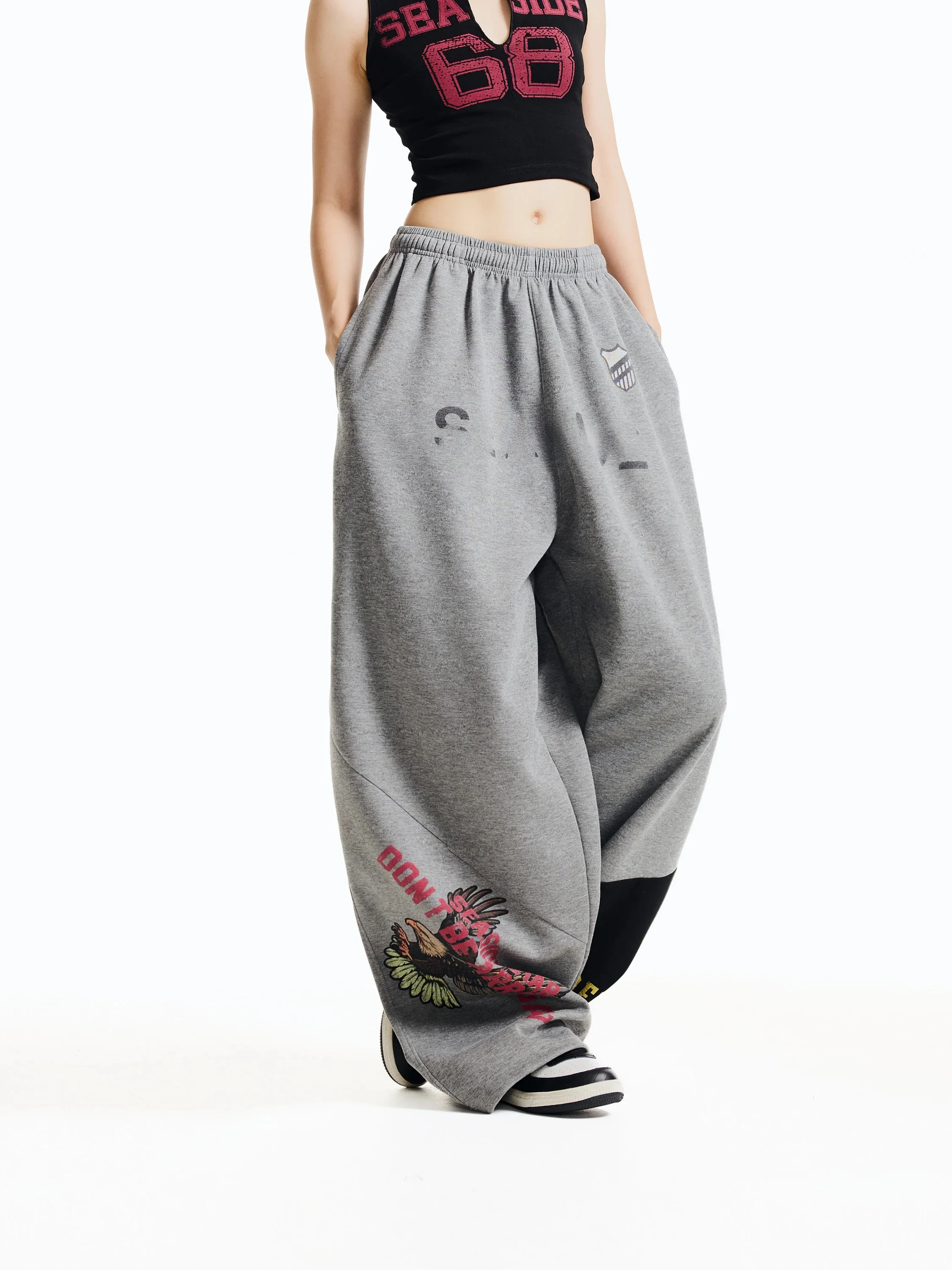 American Street Style Printed Patchwork Wide Leg Pants Women Loose Straight Casual Trousers High Waist Cotton Polyester Blend