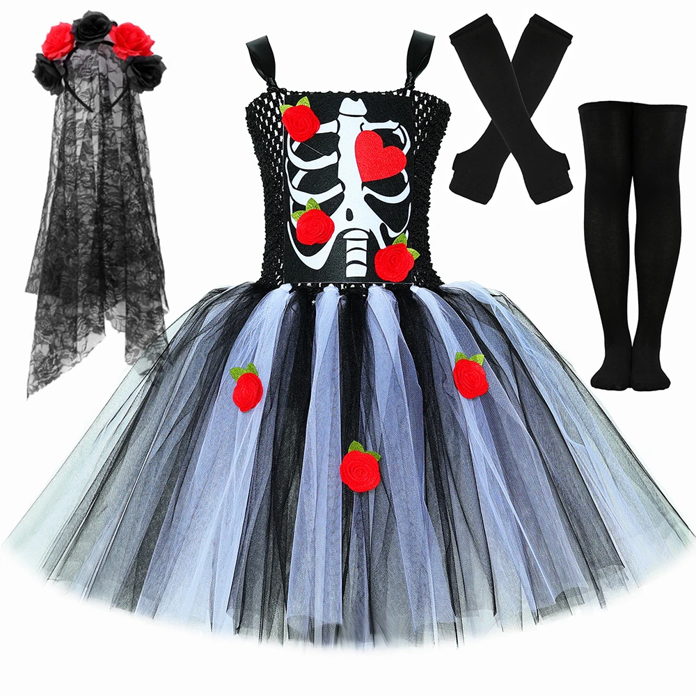 

Girls Skeleton Halloween Costume Scary Spooky Ghost Corpse Bride Tutu Dress for Girls Fancy Carnival Party Dress Up Clothes