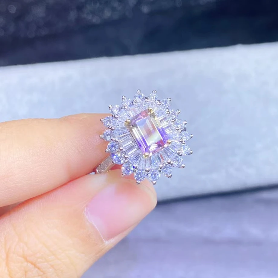 Dazzling Silver Ring for Engagement 5mm*7mm Natural Ametrine Ring 925 Silver Ametrine Jewelry with 3 Layers 18K Gold Plating