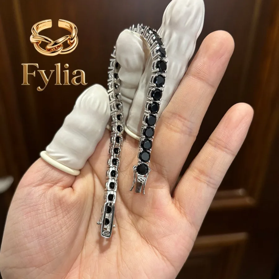 Fylia Jewelry   Luxury Solid Platinum PT950 Women's 4MM Black Moissanite Bracelet Single Row Full Diamond Tennis Bracelet