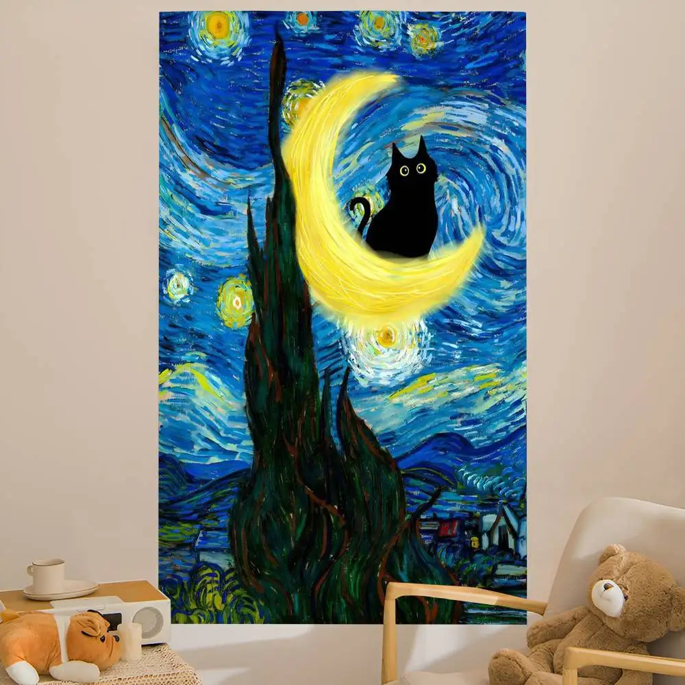 Monet Black Cat Van Gogh Sunflowers Hanging Bohemian Tapestry Bohemian Wall Tapestries Mandala Cheap Hippie Wall Hanging