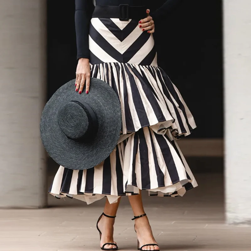 Contrast Striped High Waist Commuting Long Skirt Double Layered Pleats Design Slim Skirt Elegant Temperament Party Women's Skirt