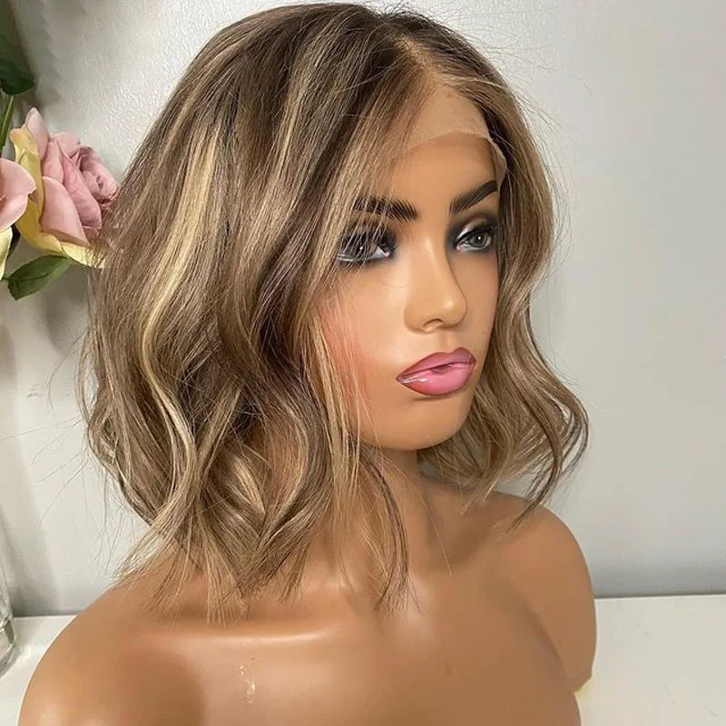 

Short Bob Free Part Human Hair Highlight Blond Brown Wig Body Wave Remy Preplucked 180Density 13*4 Lace Front Wig Bleached Knots