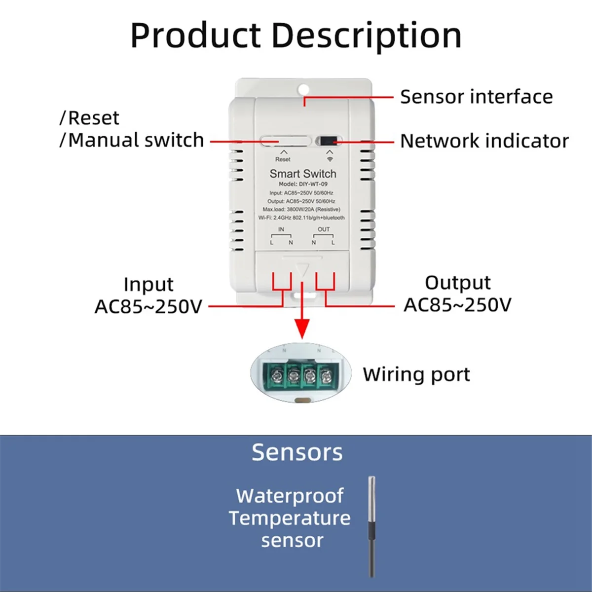 ABJG-WiFi Interruptor de temperatura con sensor de 2M WiFi inteligente 20A Soporte de interruptor de temperatura del termostato