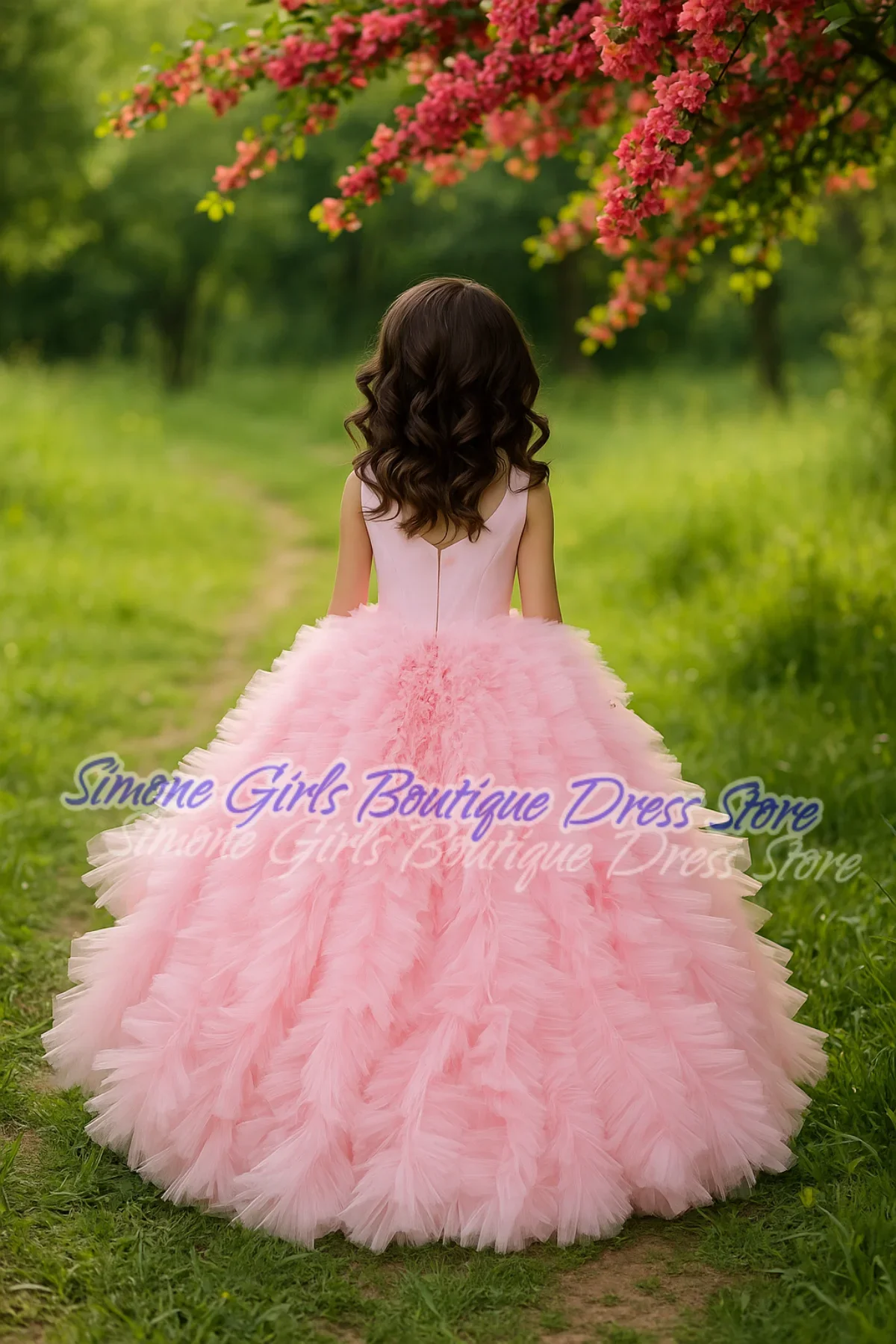 Vestido de fiesta con cuello en V, falda hinchada rosa con lazo, vestido de niña de flores para recepciones formales, celebraciones navideñas, actuaciones de baile, fiestas