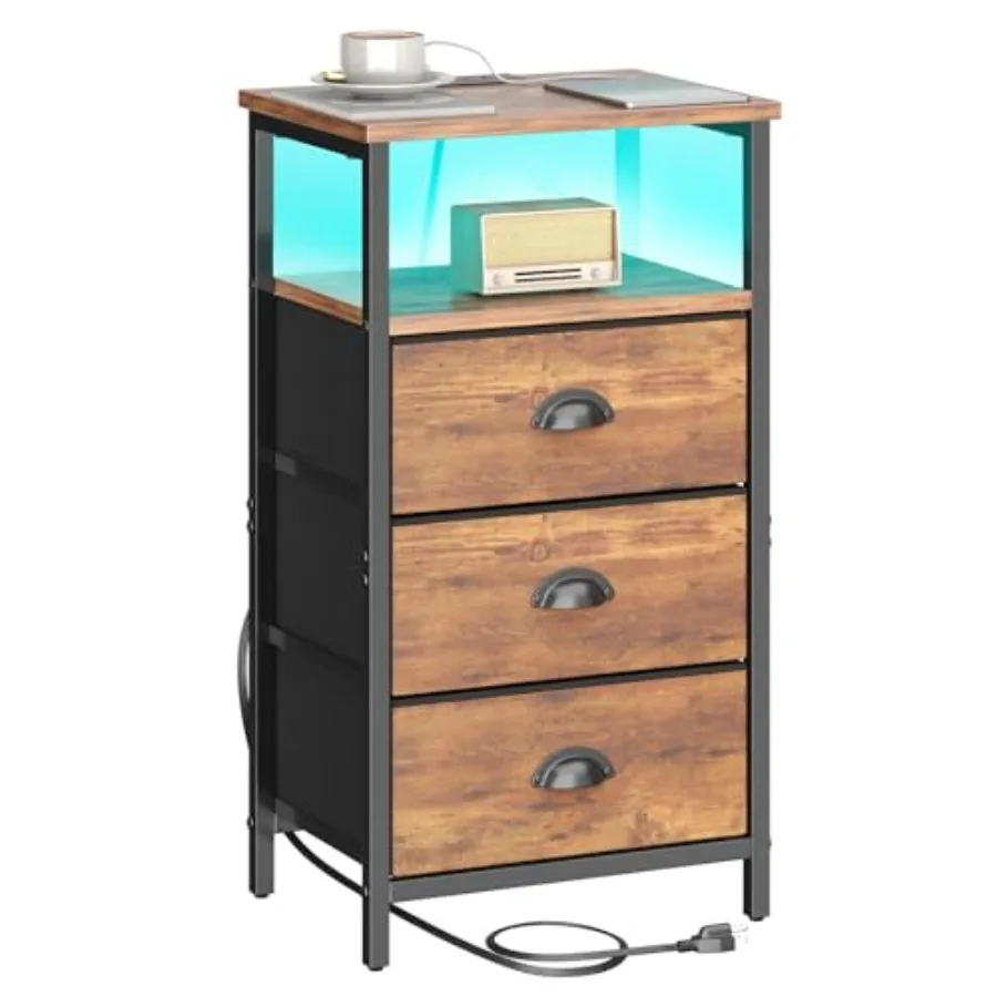 

Nightstand with Charging StationLED Night Stand with 3 Fabric Drawers Bedside End Tables 2-Tier Open Storage Shelf Side Table N