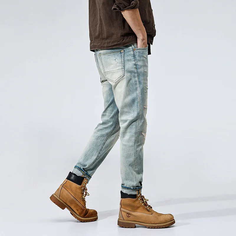 夏の高品質ミニマリストスリムフィットライトブルージーンズ若い日本人快適な男性カーゴパンツ男性メンズリッピングジーンズ