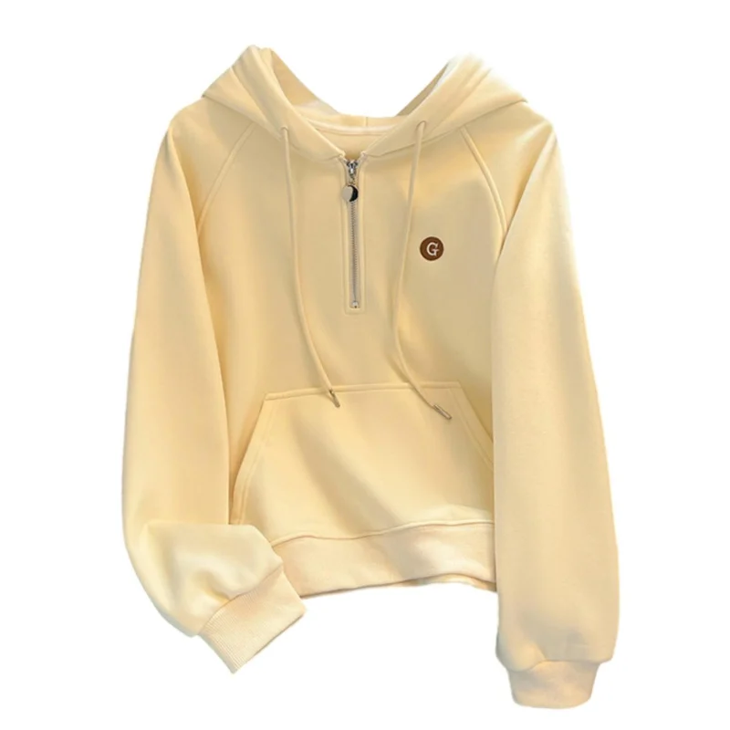 Sweat-shirt à capuche en pur coton pour femme, pull épais en velours bordeaux, demi-fermeture éclair, nouvelle collection automne hiver