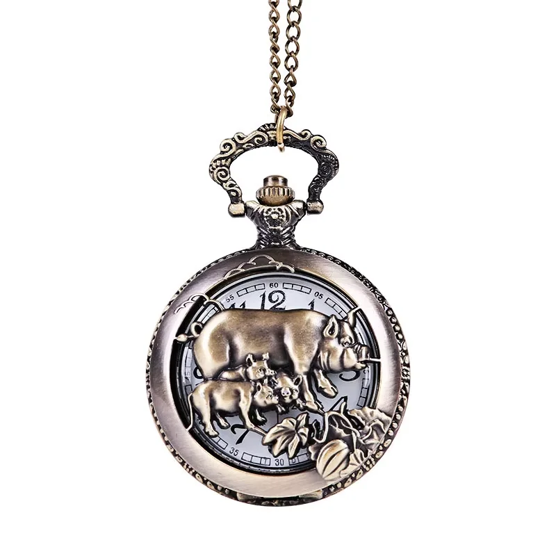 Bronze vintage exquisite embossed hollow classic pocket watch Large embossed three pig classic style pocket watch