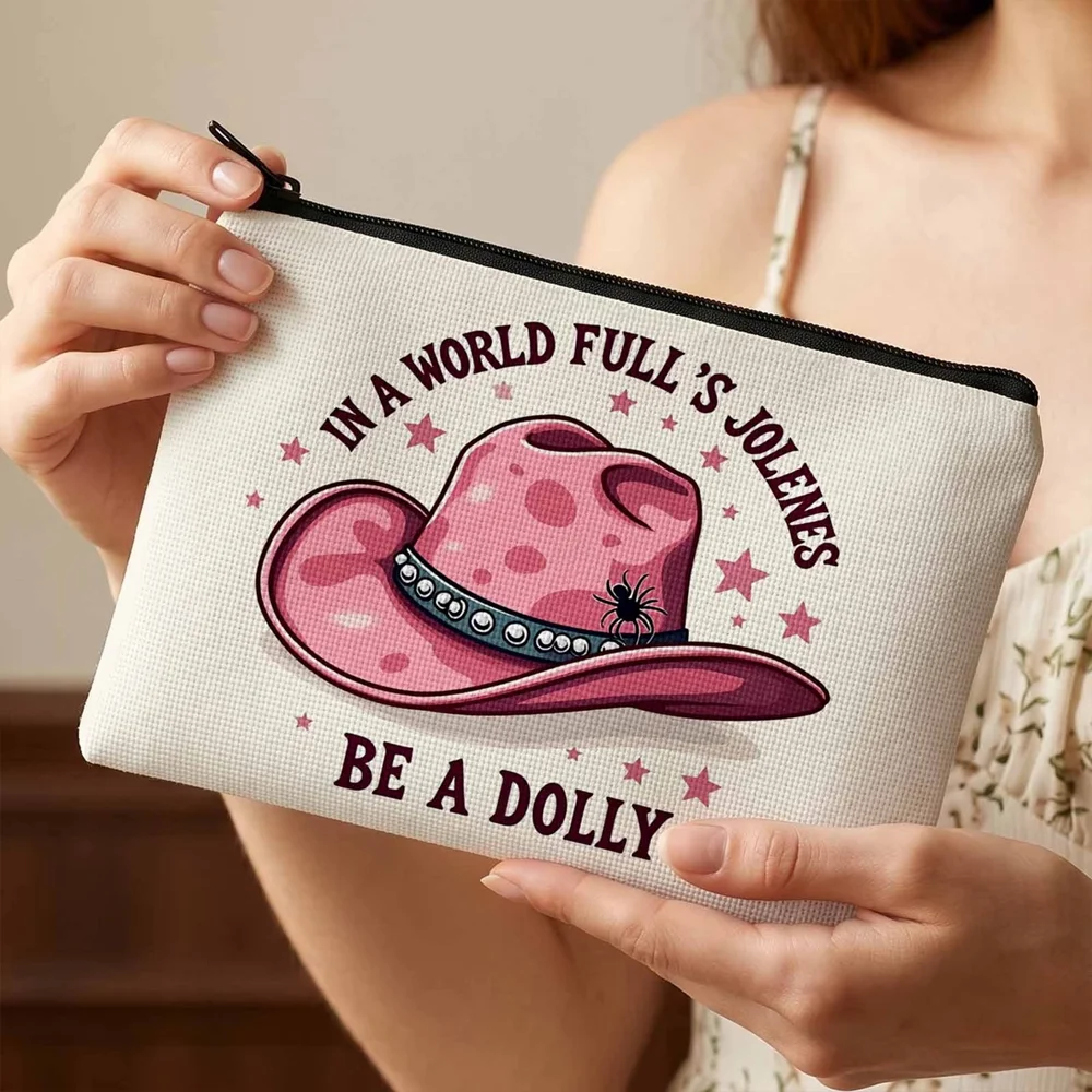2D Print Makeup Bag with Playful Pink Cow Hat Design, Light Pouch for Travel Daily Use, Show Your Bold & Fun Personality