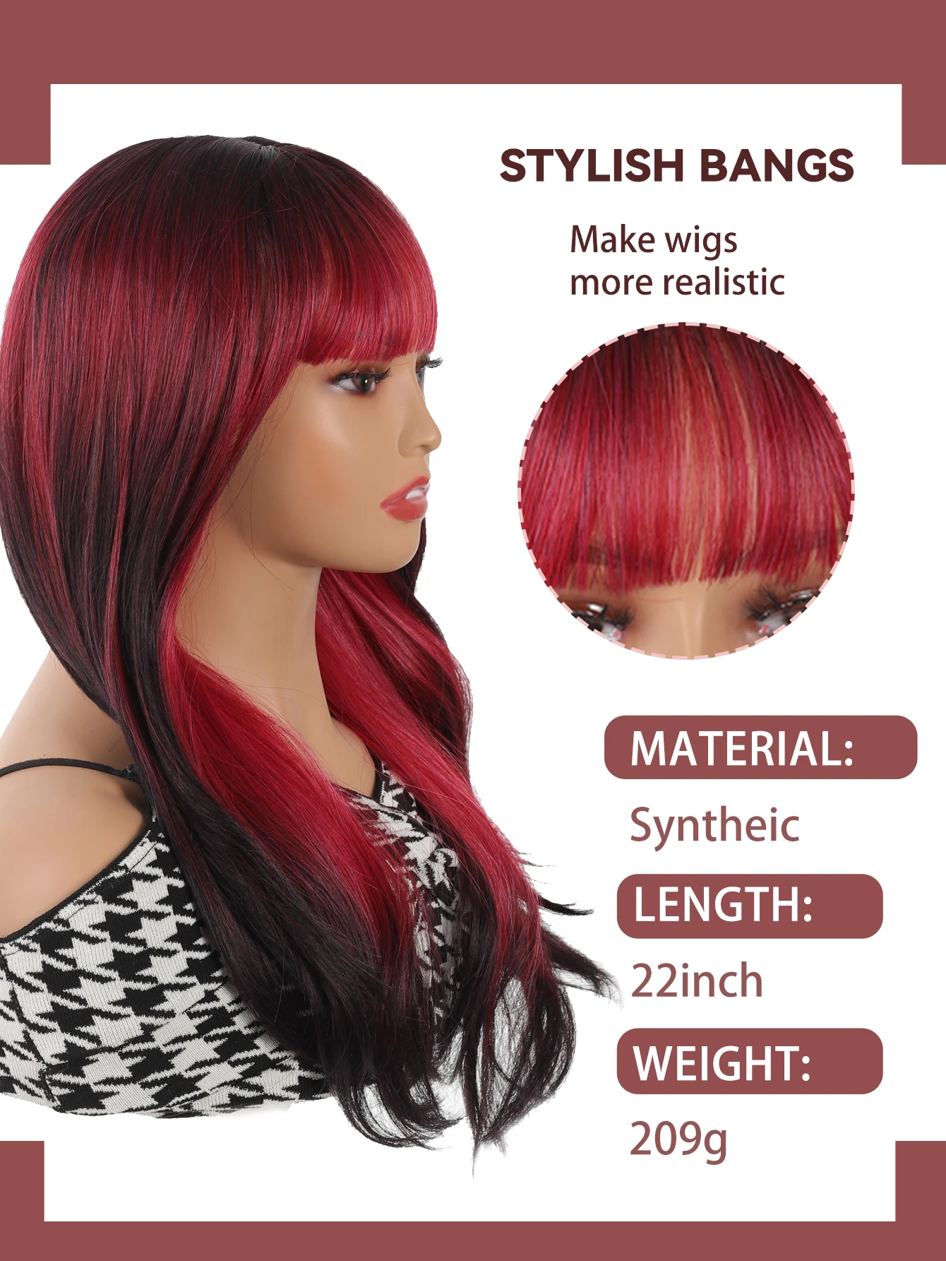 Long Black red Gradient Straight Synthetic Wig with Black Ombre Cosplay Layered Wigs for Women Party Heat Resistant Natural Hair