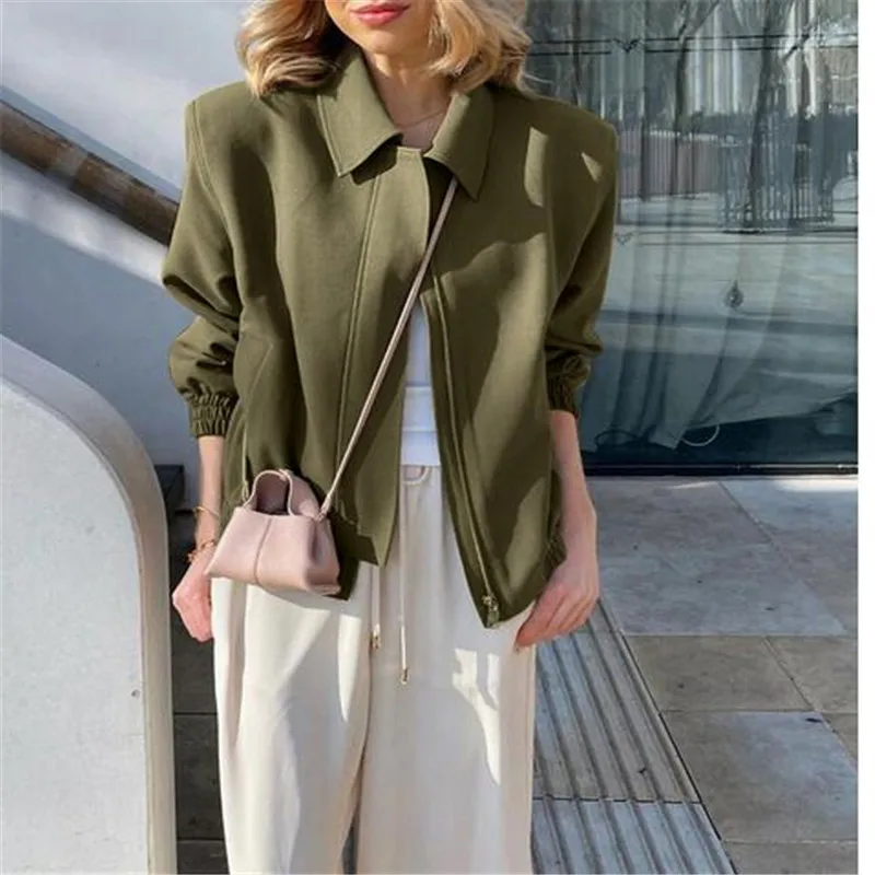 

Fashion 2023 Long Sleeve Turn-down Collar Coats Spring Female Casual Solid Baseball Jacket High Streetwear