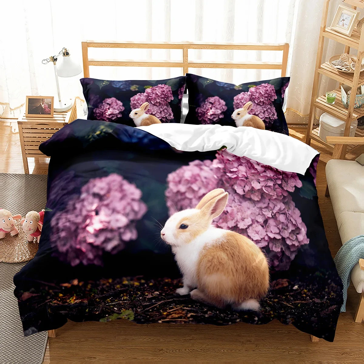 Lovely Rabbit Duvet Cover Full King Cute Woodland Animal Comforter Cover Kawaii Wild Bunnies Bedding Set Farmhouse Quilt Cover