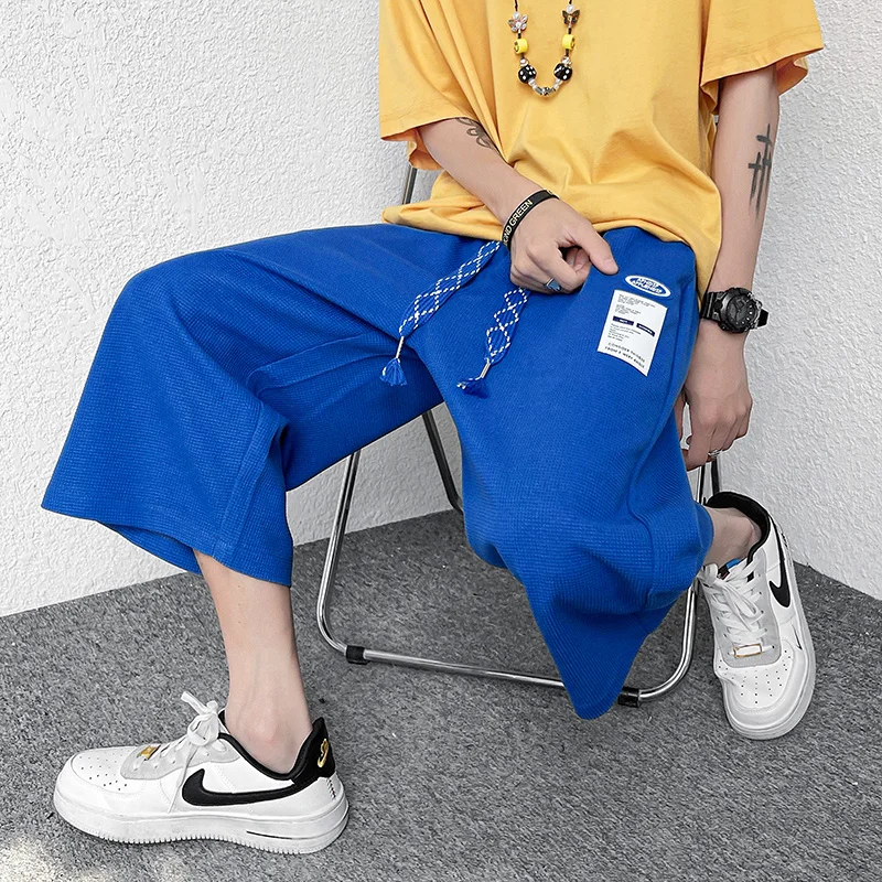 

Summer New Walf Checks Casual Pants Mens Elastic Waist Wide Leg Trousers Solid Pockets Loose Cropped Plus Size 5XL-S