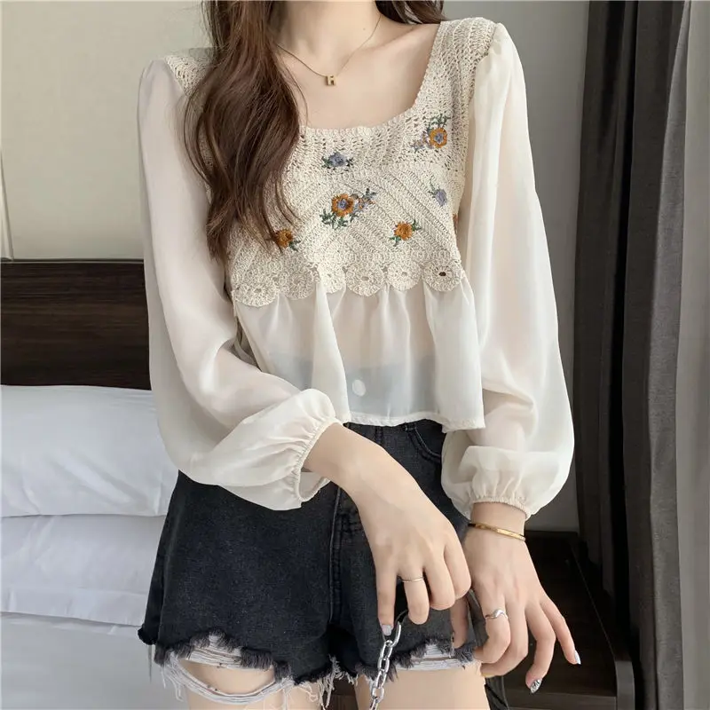 Korean Style Blouse Women Hollow Out Crochet Knitted Long-sleeved Square Collar Office Lady Versatile Embroideries Tops Female