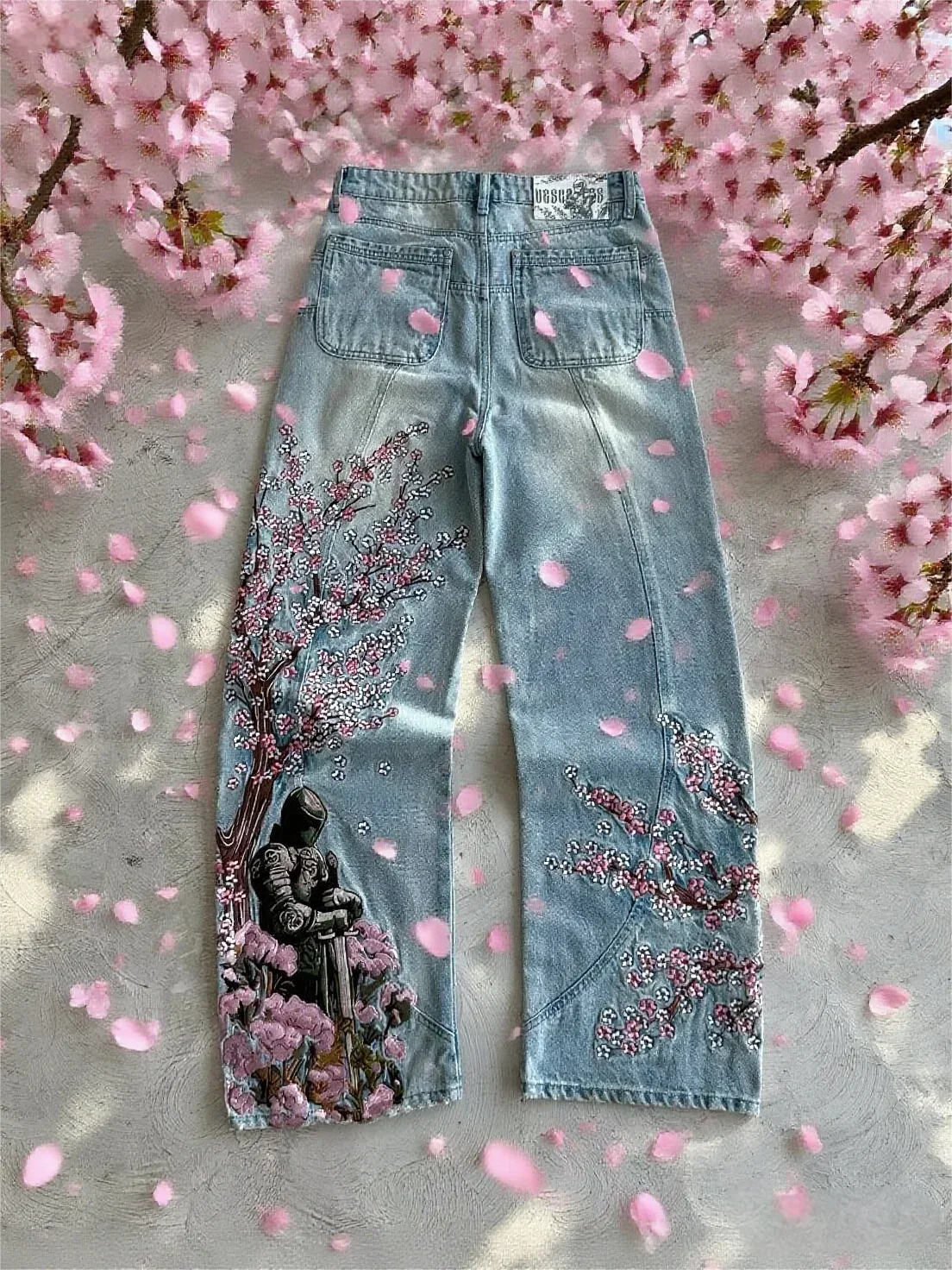

Vintage Cherry Blossom Black Knight Embroidery Jeans Y2k Retro Baggy Straight Denim Pants Blue Wash Jean Men Clothing Streetwear