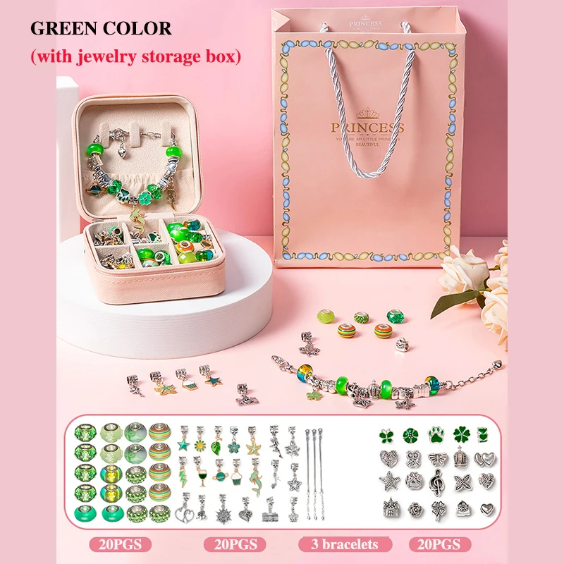 女の子へのギフトに最適なDIYビーズブレスレットセット、収納ボックス付き、アクリル製ヨーロピアン大穴ビーズ、手作りDIYジュエリー製作キットおもちゃ