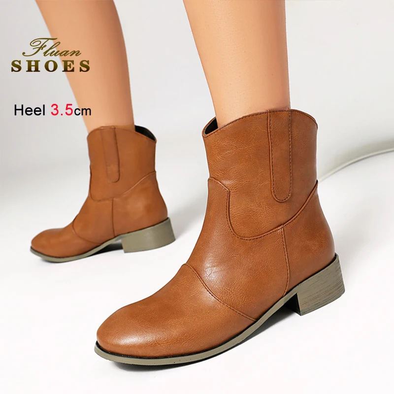 

Short Booties 3.5CM Chunky Heel Woman Casual Shoes 2026 Spring Autumn New Fashion And Versatile Round Toe Ankle Boots For Women