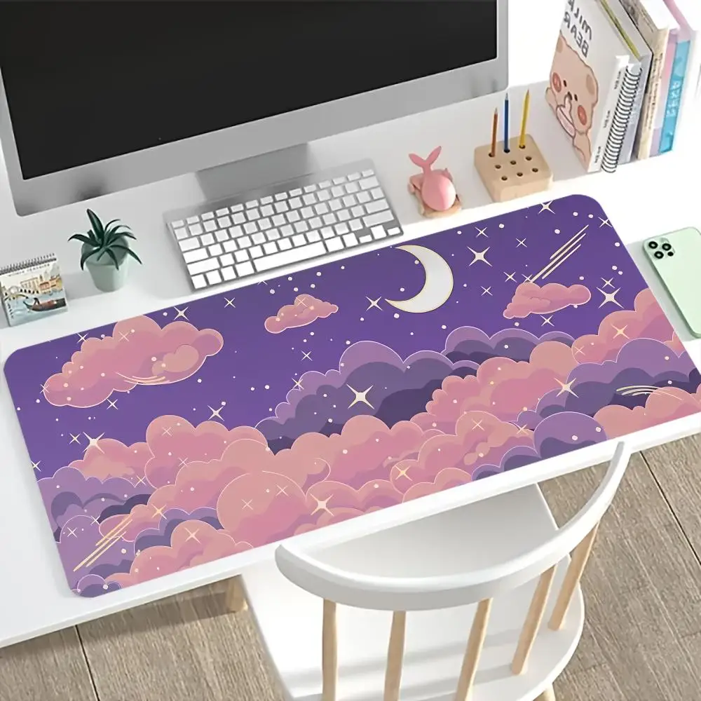 Desk Mat Purple Cloud Moon Star Print Anti Slip Rubber Mousepad Stitched Edge Keyboard Pad For PC Laptop Gamers Table Decor