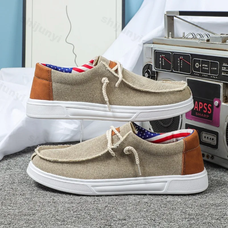 

Новинка лета 2024, мужская повседневная парусиновая обувь, дышащие удобные нескользящие лоферы без шнуровки, универсальные модные трендовые кроссовки на плоской подошве