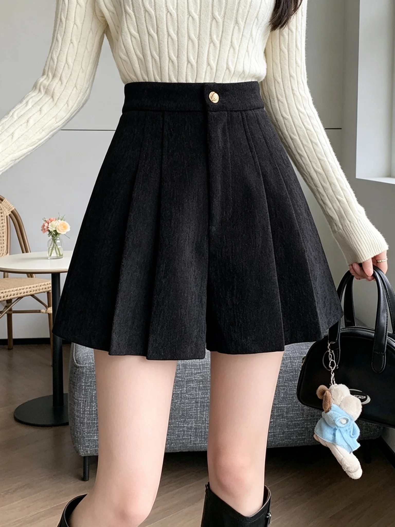High Waist Plaid Woolen  Skirt Pants Women's Casual Wide Leg Pants Autumn Winter New Style Fashion Ladies' Polyester Blend