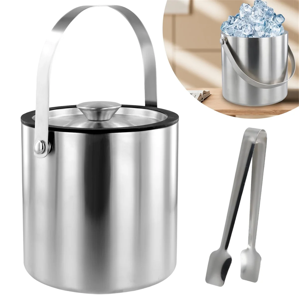 2025+ Ice Bucket with Lid Strainer Tong,2QT Double Walled Insulated Ice Bucket Container, for Chilling Beer Cocktail Parties