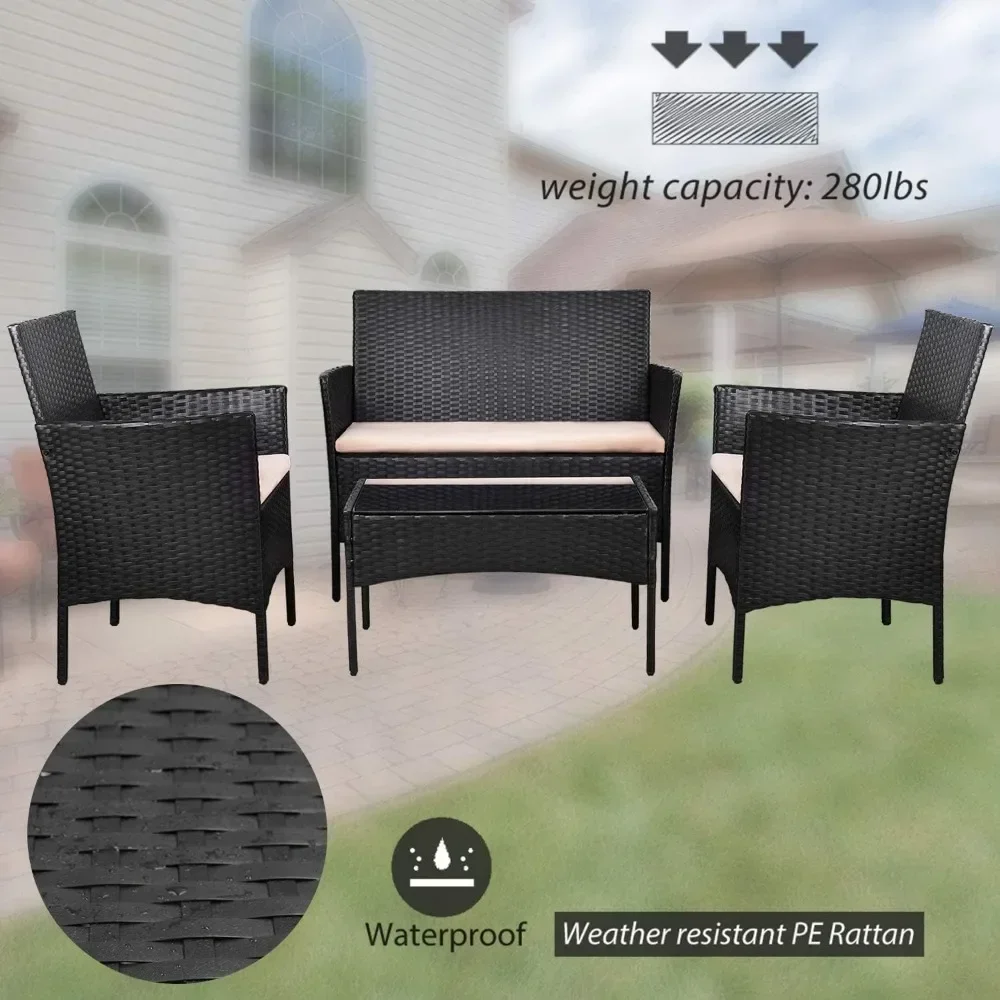 Wicker Pátio Rattan Cadeira Set, mobiliário de jardim, uso exterior e interior, varanda do quintal, piscina Varanda Móveis, 4 PCs