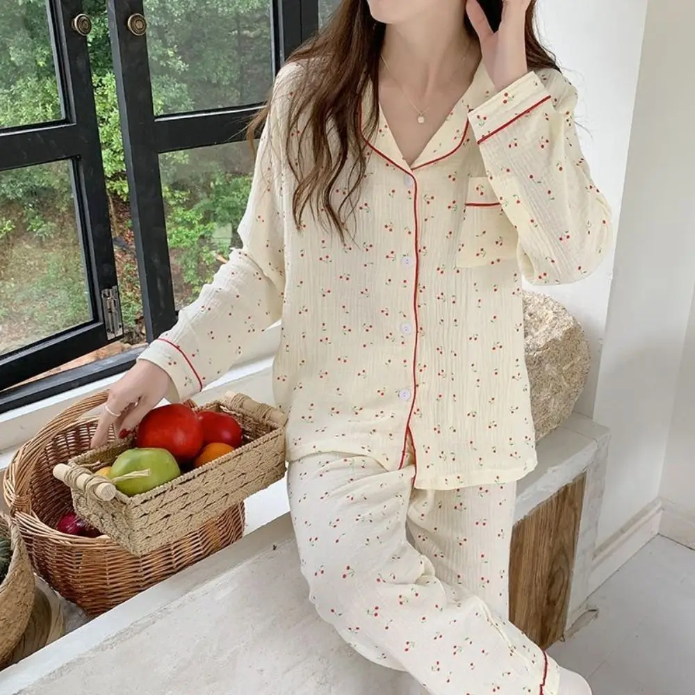 

Comfortable Ruffle Cherry Pajamas Women Loose Nightdress Sweet Pajamas Suit Lapel Two Piece Nightwear Girl