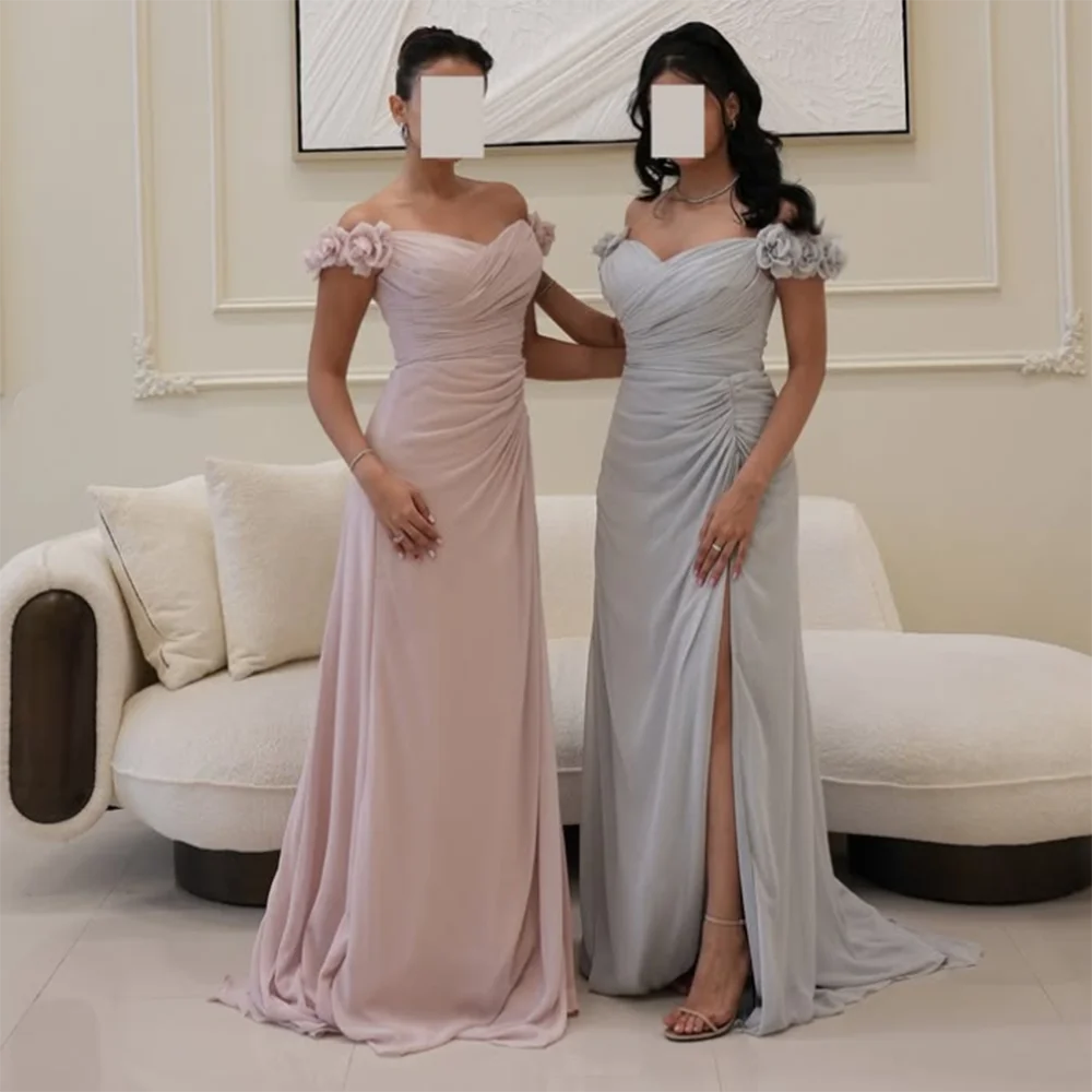 

Customized A-Line Prom Dresses Floor-Length Off The Shoulder V-Neck Sleeveless Evening Gown Fashion Flowers Draped Party Gown