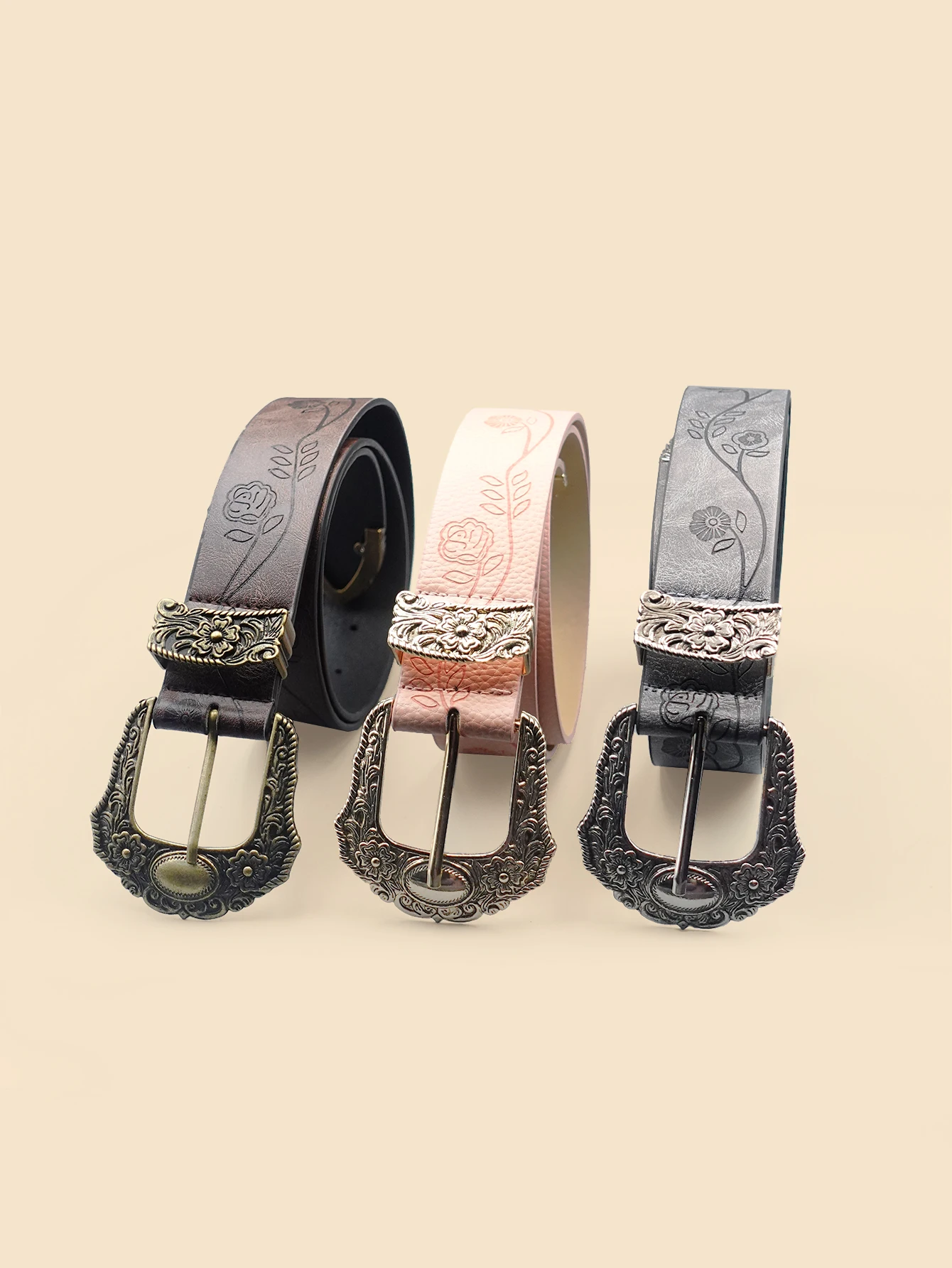 Western Style Printed Solid Color Pu Belt Buckle, Retro Casual Women\'s Belt, Classic Jeans Decorative Belt
