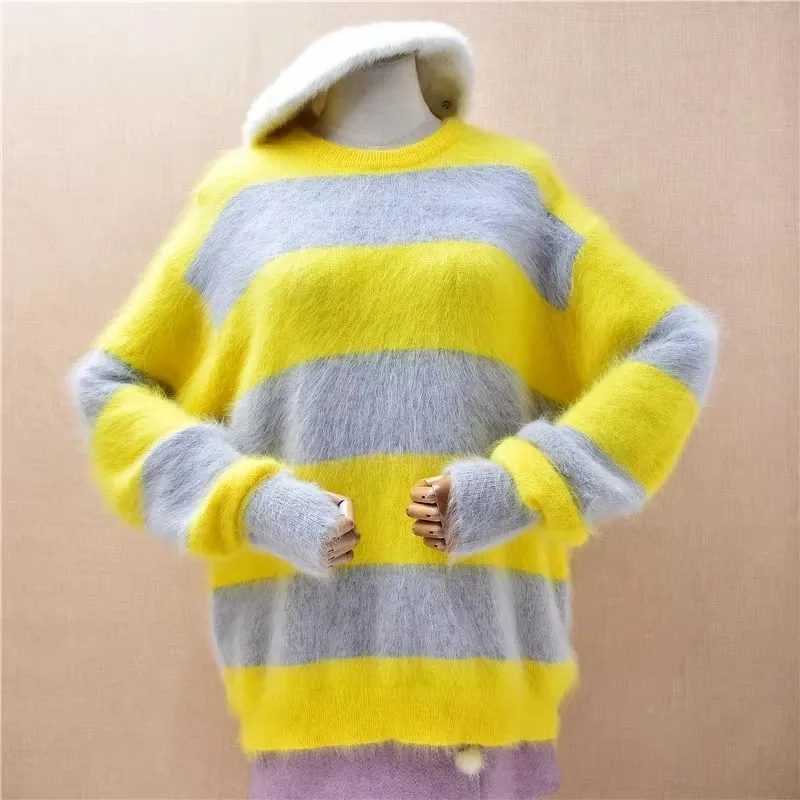 Vrouwelijke Vrouwen Herfst Winter Kleding Mode Angora Konijn Haar Gebreide Gebonden Lange Mouwen O-hals Losse Trui Jumper Pull