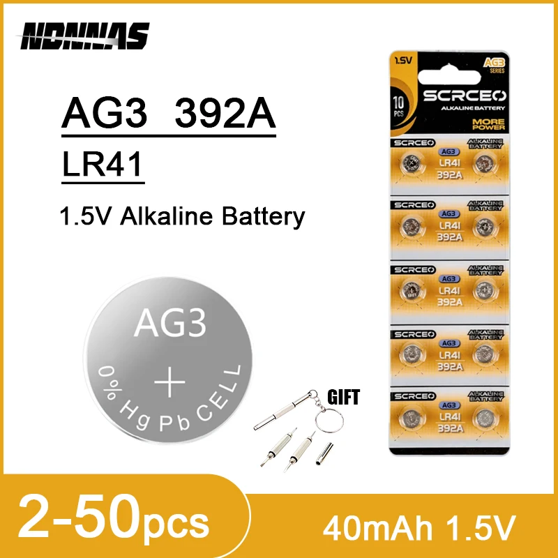 Батарейки-таблетки AG3 LR41, 1,5 В, 40 мАч, щелочная мощность большой емкости, долговечные для электронных ключей, игрушечных батарей-таблеток