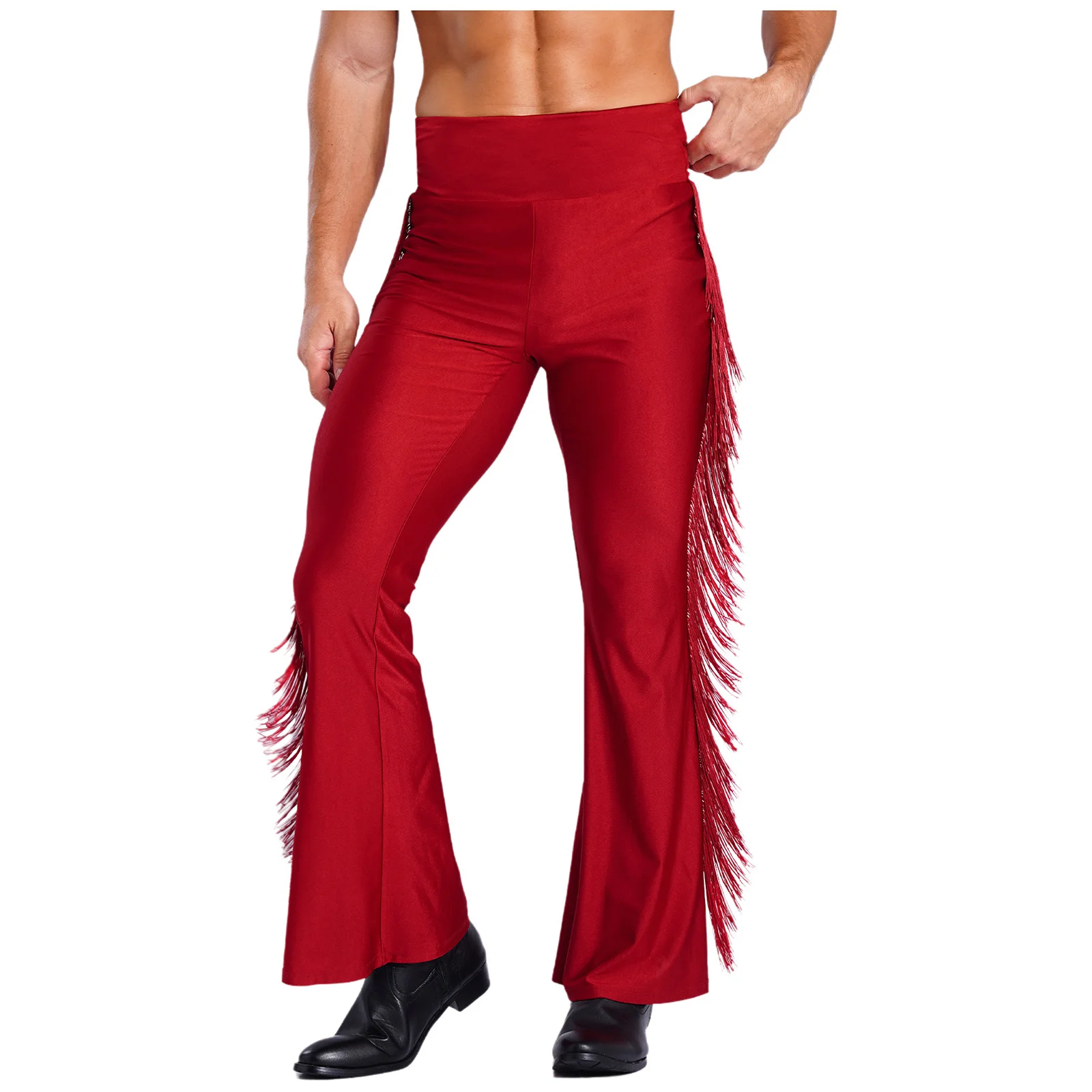 Men Tassel Flared Pants Latin Salsa Dance Bottom Vintage High Waist Bell-Bottom Trousers for Dance Stage Performance Theme Party