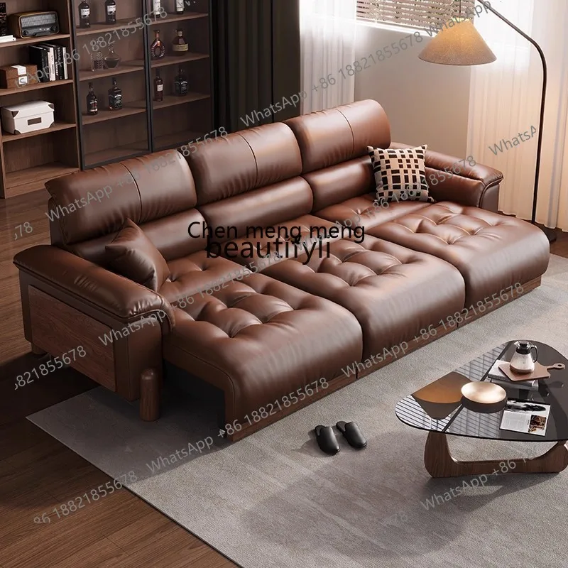 X  Retro style solid wood electric sofa bed first layer cowhide living room straight row dual-purpose integrated function sofa b