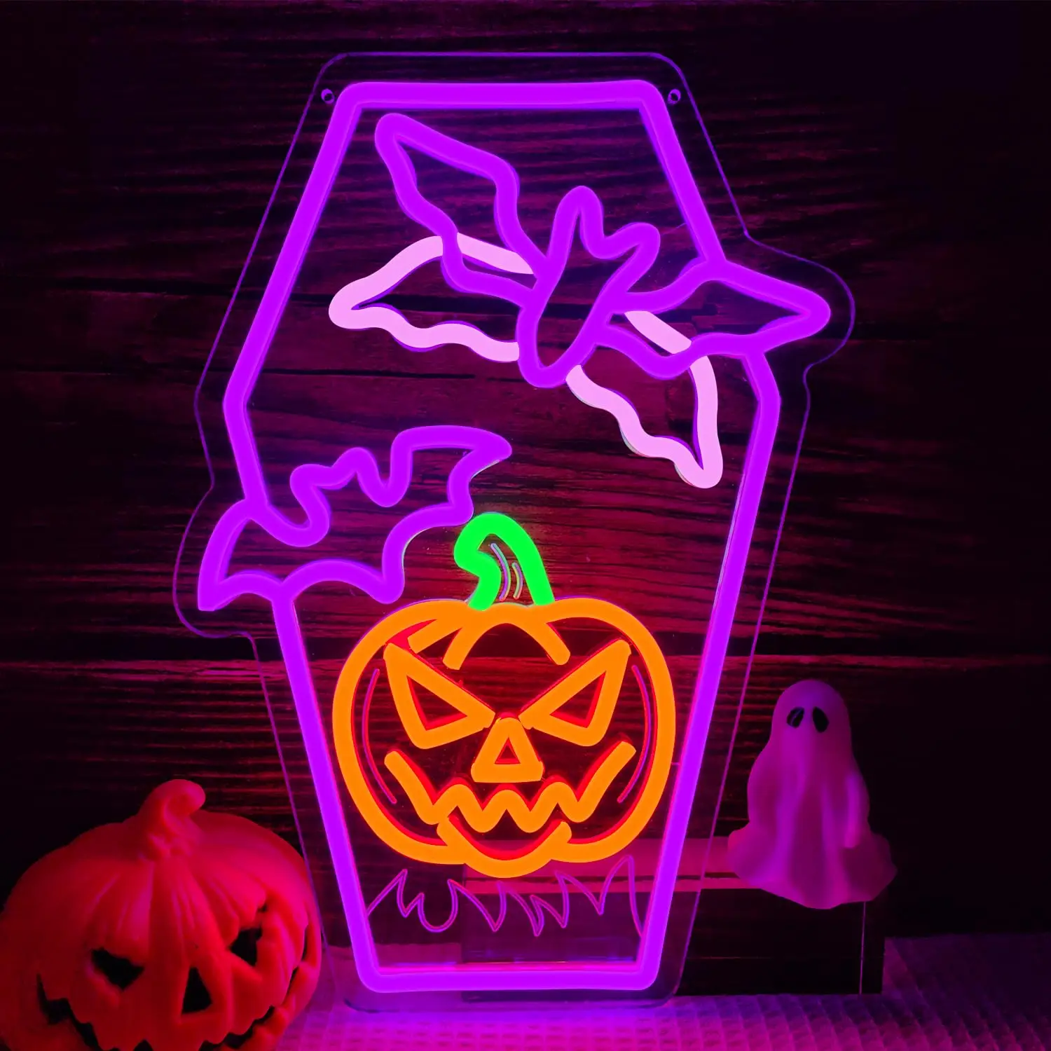 Pumpkin Bat LED Neon Sign for Wall Decor Flying Bat Light Flashing Sign Dimmable Switch for Spooky Holiday Atmosphere Decor