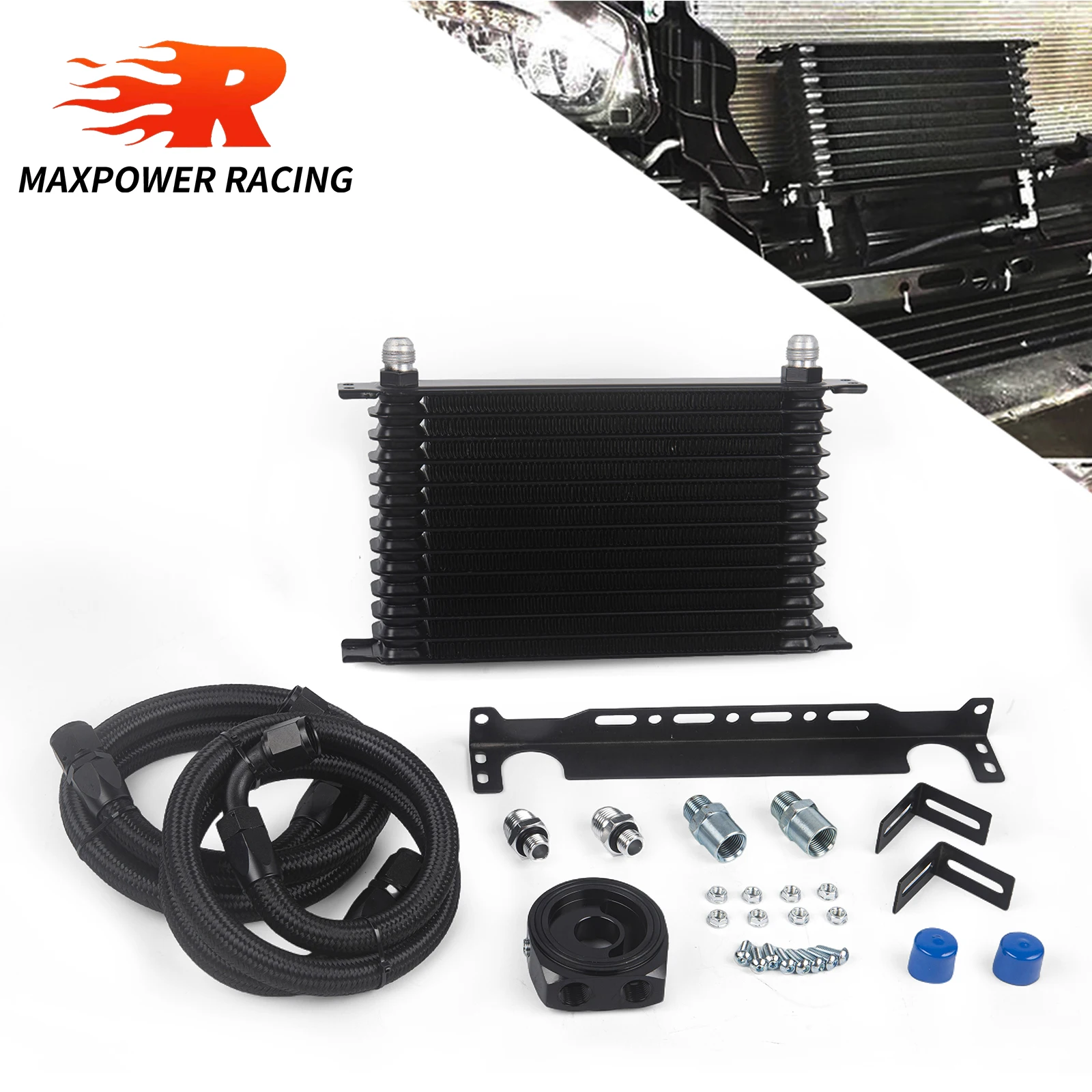 

Black T-MODEL AN10 13 Rows Oil Cooler Kit+Black/Silver Oil Filter Sandwich Adapter+Nylon Steel Braided Hose+Mounting Bracket