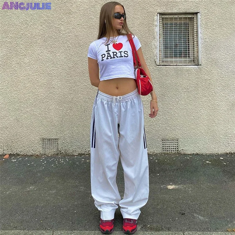 

Angjulie Autumn New Solid Stripes Patchwork Sports Pants Women 2022 Casual Trend Baggy High Waist Loose Elastic Sporty Trousers