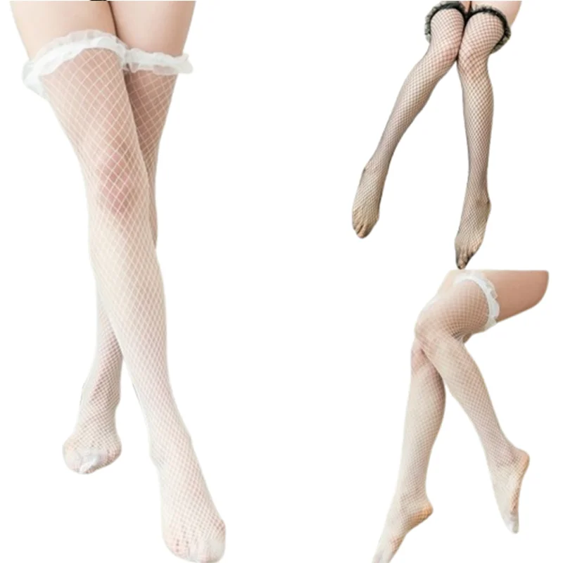 1 Pair Women's Sheer Mesh Over-the-Knee Socks – Sheer Mesh with Ruffled Lace Cuffs (Over-the-Knee Style)