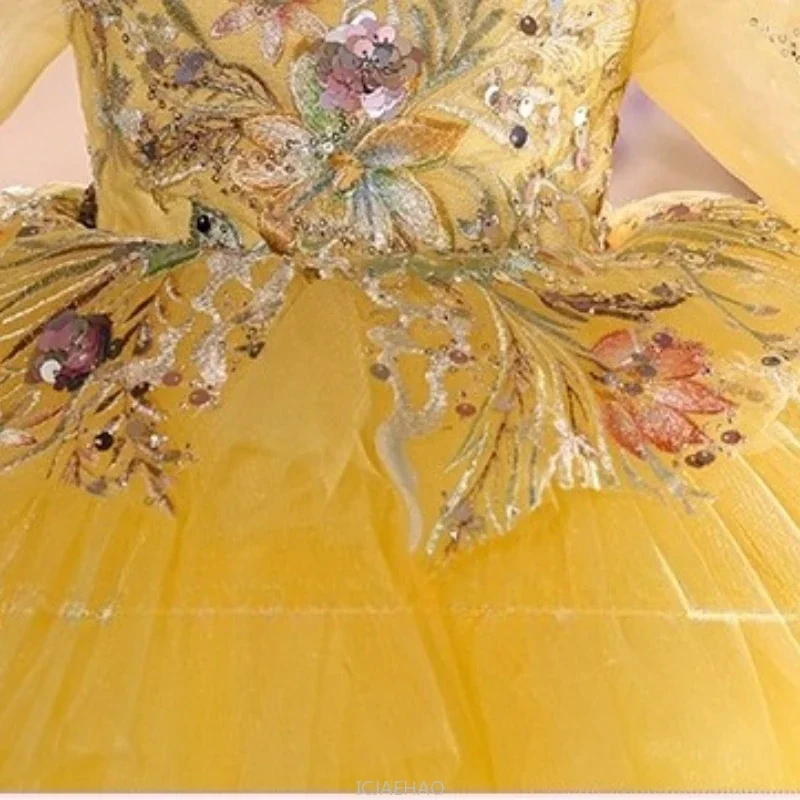 

2025 Party Dress Vestido Children Girls Flower Girl Pageant Piano Performance Tutu Outfit Yellow Wedding Dresses Costume Kids