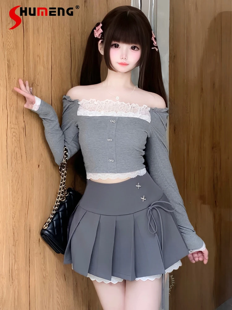 Japanese Sweet Cute Versatile Lace Splicing Square Collar Off-shoulder Long-sleeve Gray Short Inner Shirt Crop Tops Women Autumn