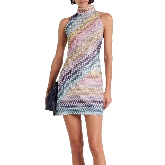 Wave Stripe Sleeveless Mini Dresses Women Summer Fashion Round Collar Package Hip Slim Short Dress Streetwear Hot Girl Vestidos